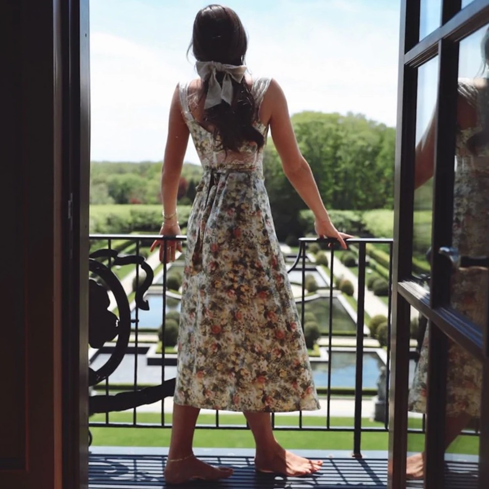 danielle bernstein lace inset floral midi dress